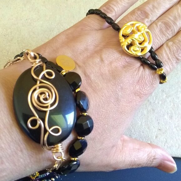 Genuine Black Jasper Bracelet with Button & Loop Closure ~ Sexy Alluring Goth - Picture 10 of 10